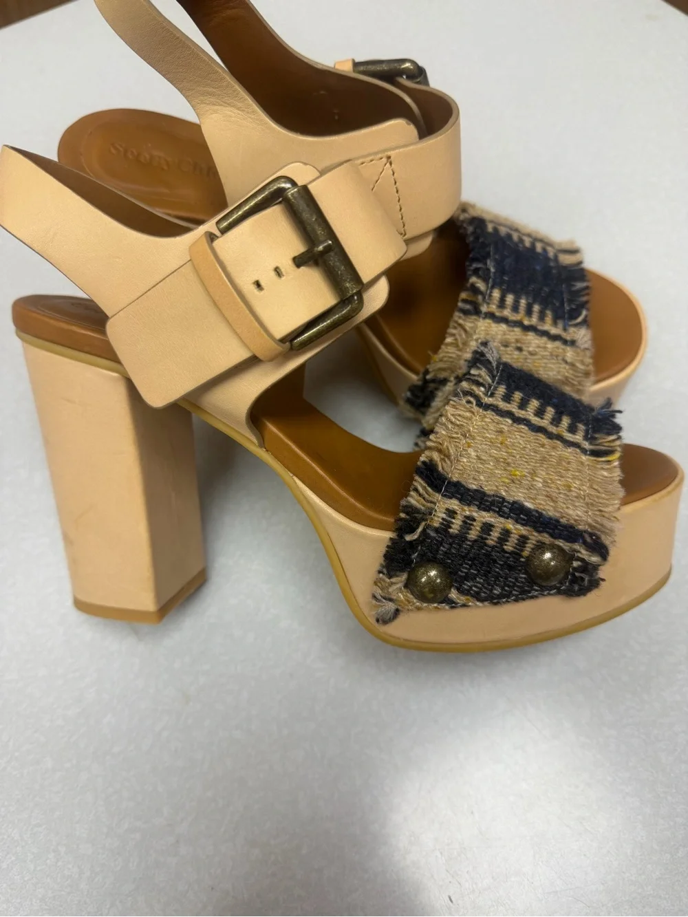 See by Chloe Woven Fringe Platform Sandals in Beige and Navy